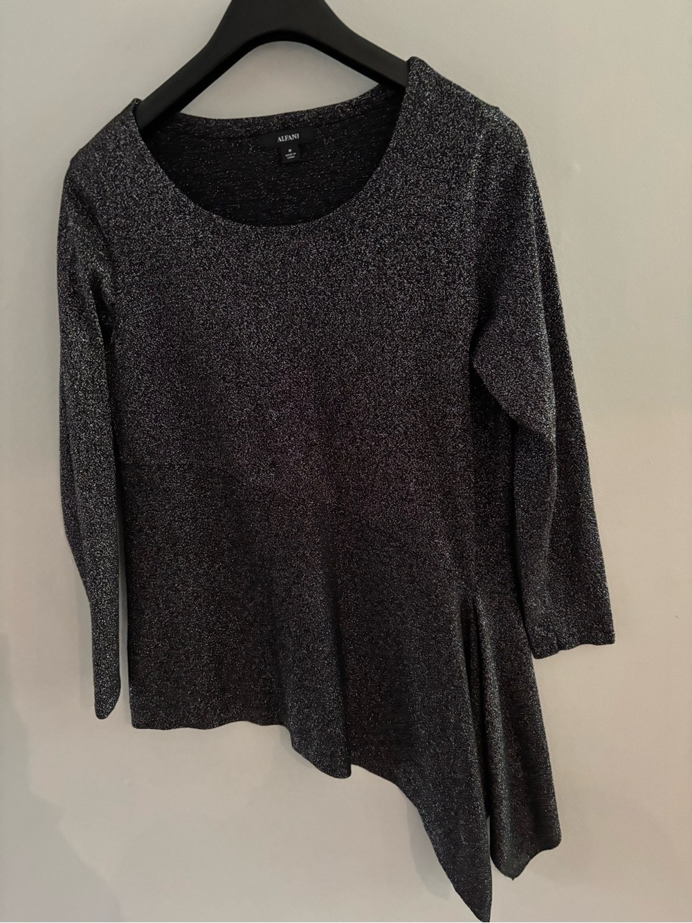 Alfani Black Silver Sparkle Asymmetrical Funky Hem Long Sleeve Top Size Medium M